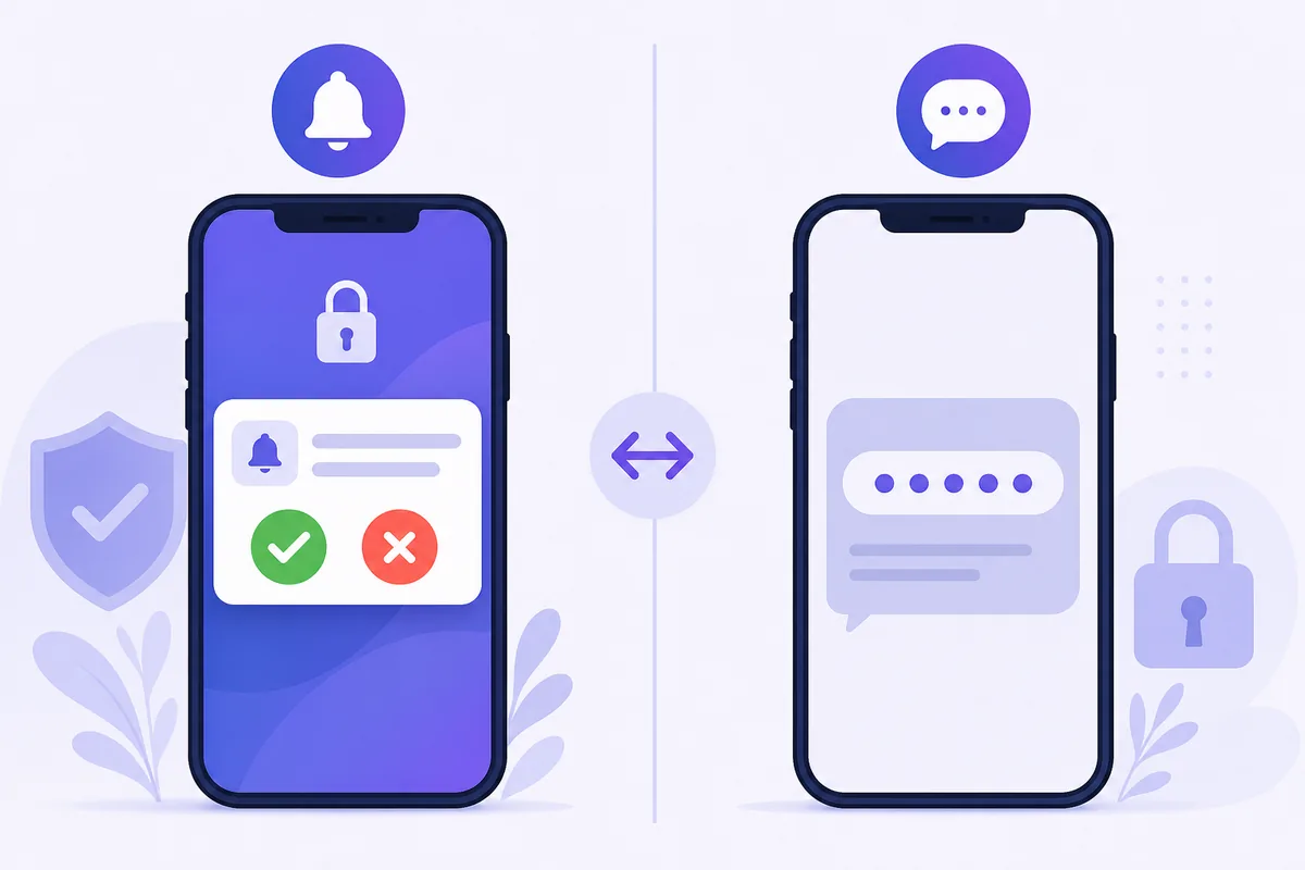 A push-notification login approval beside an SMS code prompt