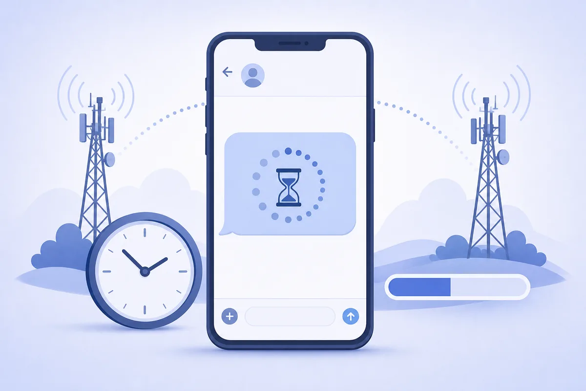 A phone showing an SMS bubble with an hourglass loading spinner, a clock and a slow progress bar between towers